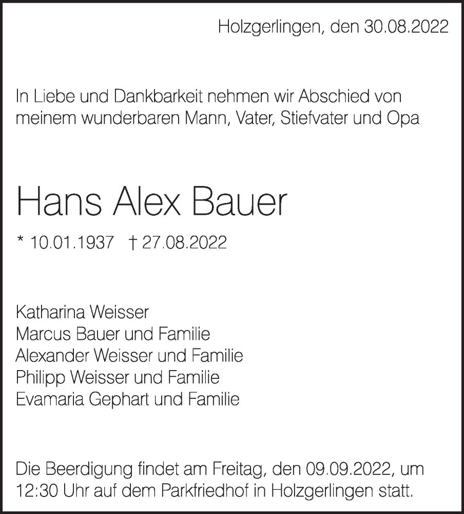  Traueranzeige für Hans Alex Bauer vom 09.09.2022 aus Leonberger Kreiszeitung / Strohgäu Extra