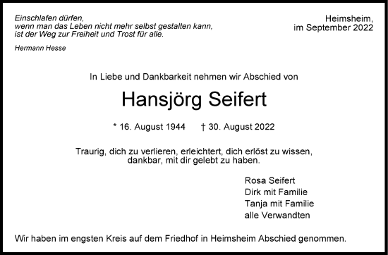 Traueranzeige von Hansjörg Seifert von Leonberger Kreiszeitung / Strohgäu Extra