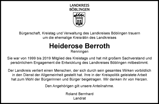 Traueranzeige von Heiderose Berroth von Leonberger Kreiszeitung / Strohgäu Extra