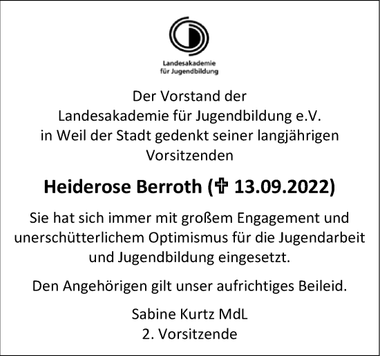 Traueranzeige von Heiderose Berroth von Leonberger Kreiszeitung / Strohgäu Extra