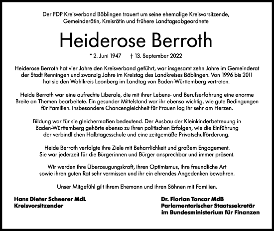 Traueranzeige von Heiderose Berroth von Leonberger Kreiszeitung / Strohgäu Extra