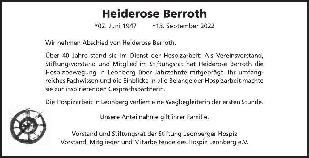  Traueranzeige für Heiderose Berroth vom 22.09.2022 aus Leonberger Kreiszeitung / Strohgäu Extra