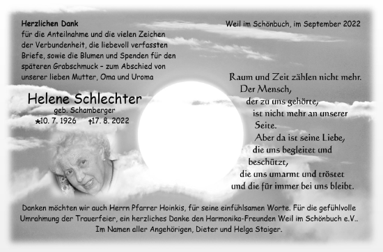Traueranzeige von Helene Schlechter von Leonberger Kreiszeitung / Strohgäu Extra