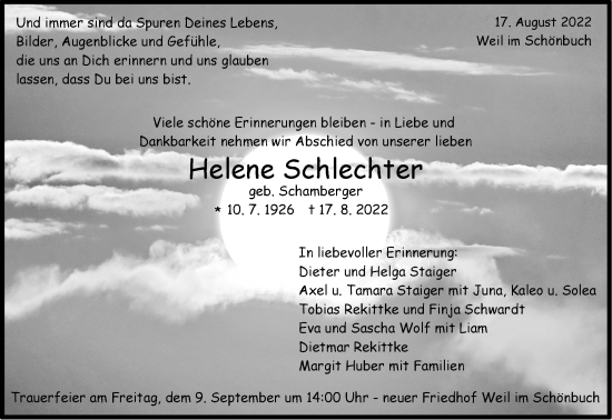 Traueranzeige von Helene Schlechter von Leonberger Kreiszeitung / Strohgäu Extra