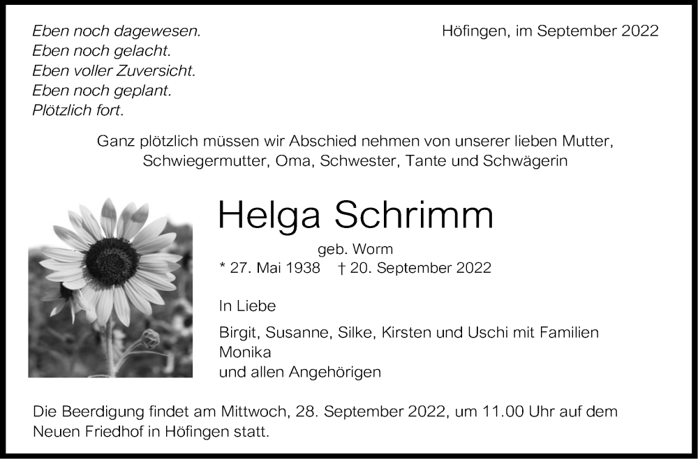  Traueranzeige für Helga Schrimm vom 24.09.2022 aus Leonberger Kreiszeitung / Strohgäu Extra