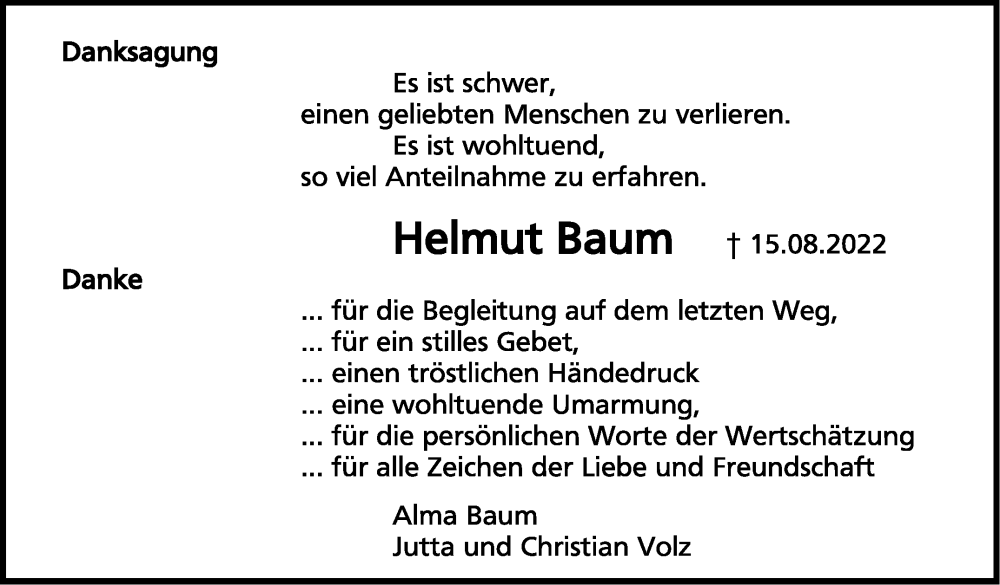  Traueranzeige für Helmut Baum vom 02.09.2022 aus Leonberger Kreiszeitung / Strohgäu Extra