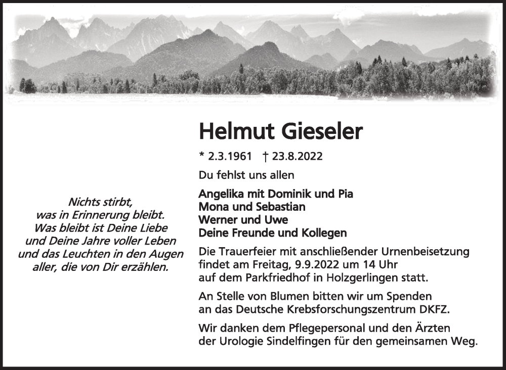  Traueranzeige für Helmut Gieseler vom 05.09.2022 aus Leonberger Kreiszeitung / Strohgäu Extra