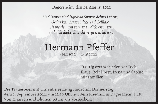 Traueranzeige von Hermann Pfeffer von Leonberger Kreiszeitung / Strohgäu Extra