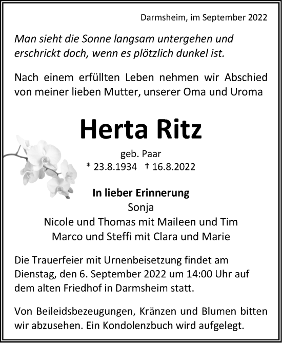 Traueranzeige von Herta Ritz von Leonberger Kreiszeitung / Strohgäu Extra