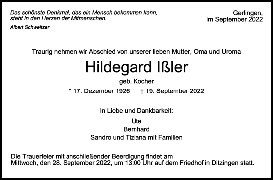 Traueranzeige von Hildegard lßler von Leonberger Kreiszeitung / Strohgäu Extra