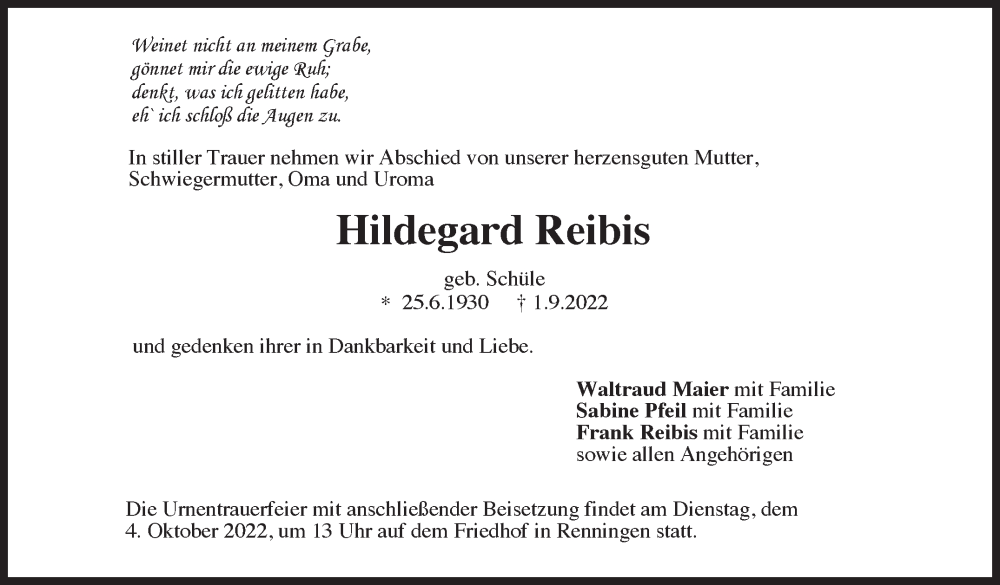  Traueranzeige für Hildegard Reibis vom 24.09.2022 aus Leonberger Kreiszeitung / Strohgäu Extra