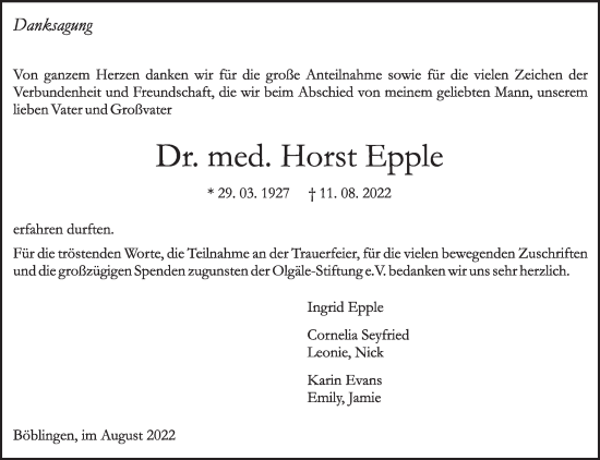 Traueranzeige von Horst Epple von Leonberger Kreiszeitung / Strohgäu Extra