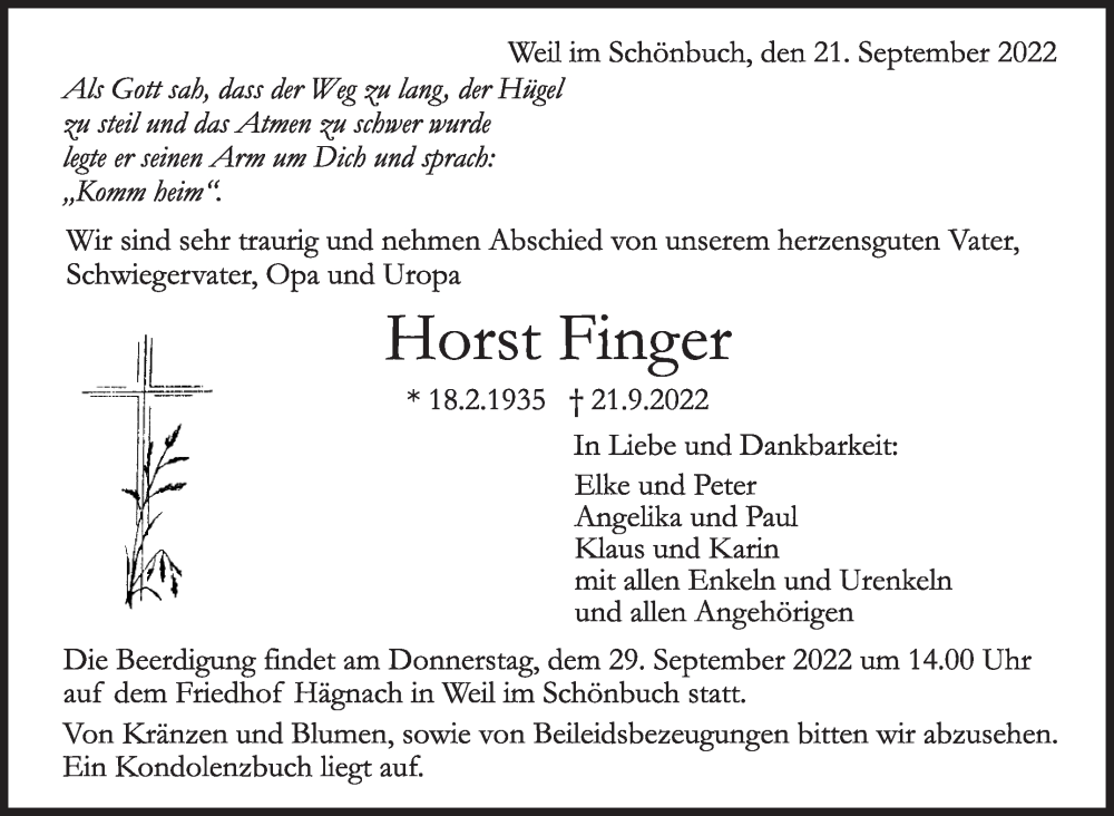  Traueranzeige für Horst Finger vom 24.09.2022 aus Leonberger Kreiszeitung / Strohgäu Extra
