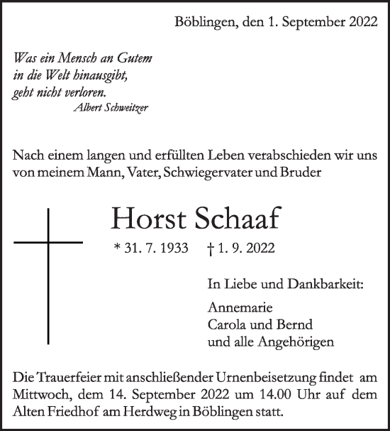Traueranzeige von Horst Schaaf von Leonberger Kreiszeitung / Strohgäu Extra