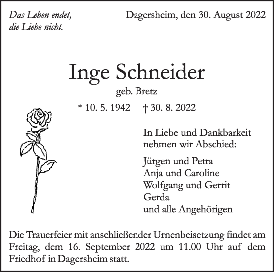 Traueranzeige von Inge Schneider von Leonberger Kreiszeitung / Strohgäu Extra