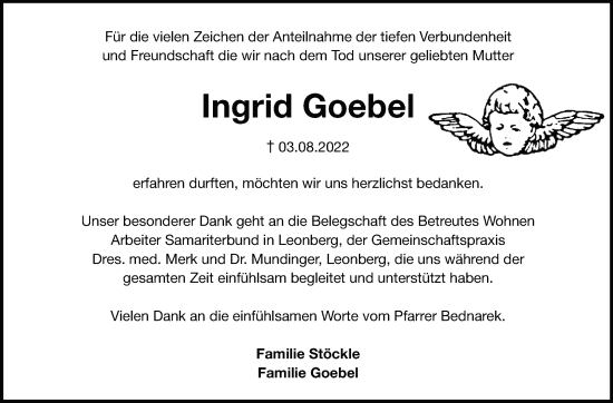 Traueranzeige von Ingrid Goebel von Leonberger Kreiszeitung / Strohgäu Extra