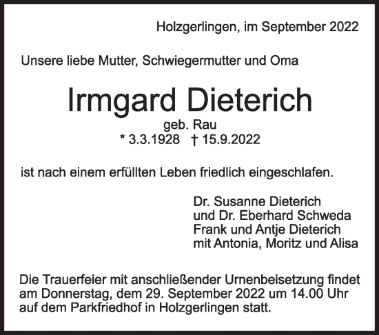 Traueranzeige von Irmgard Dieterich von Leonberger Kreiszeitung / Strohgäu Extra