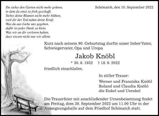 Traueranzeige von Jakob Knöbl von Leonberger Kreiszeitung / Strohgäu Extra