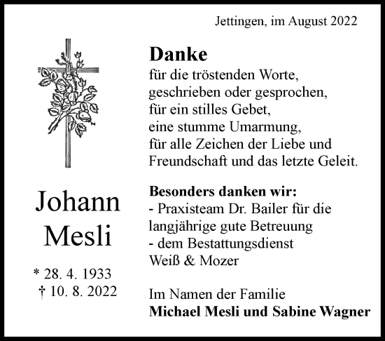 Traueranzeige von Johann Mesli von Leonberger Kreiszeitung / Strohgäu Extra