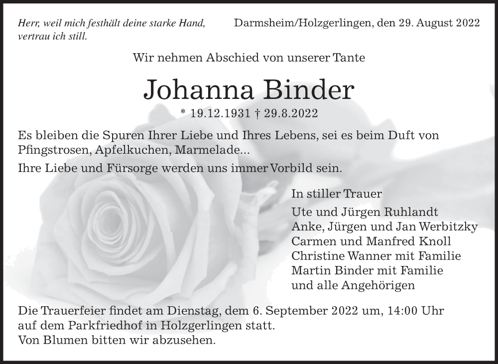  Traueranzeige für Johanna Binder vom 03.09.2022 aus Leonberger Kreiszeitung / Strohgäu Extra