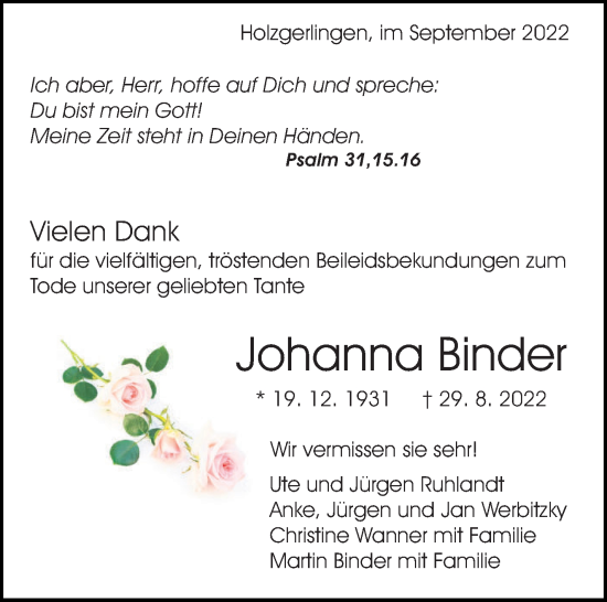 Traueranzeige von Johanna Binder von Leonberger Kreiszeitung / Strohgäu Extra