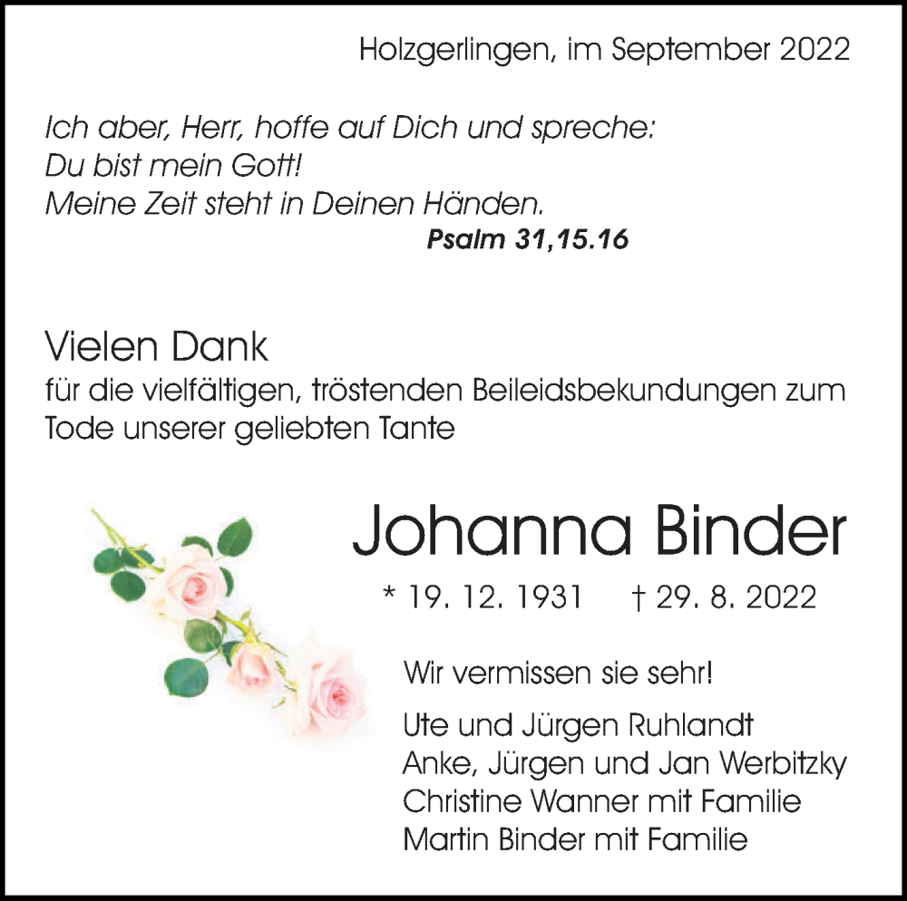  Traueranzeige für Johanna Binder vom 16.09.2022 aus Leonberger Kreiszeitung / Strohgäu Extra