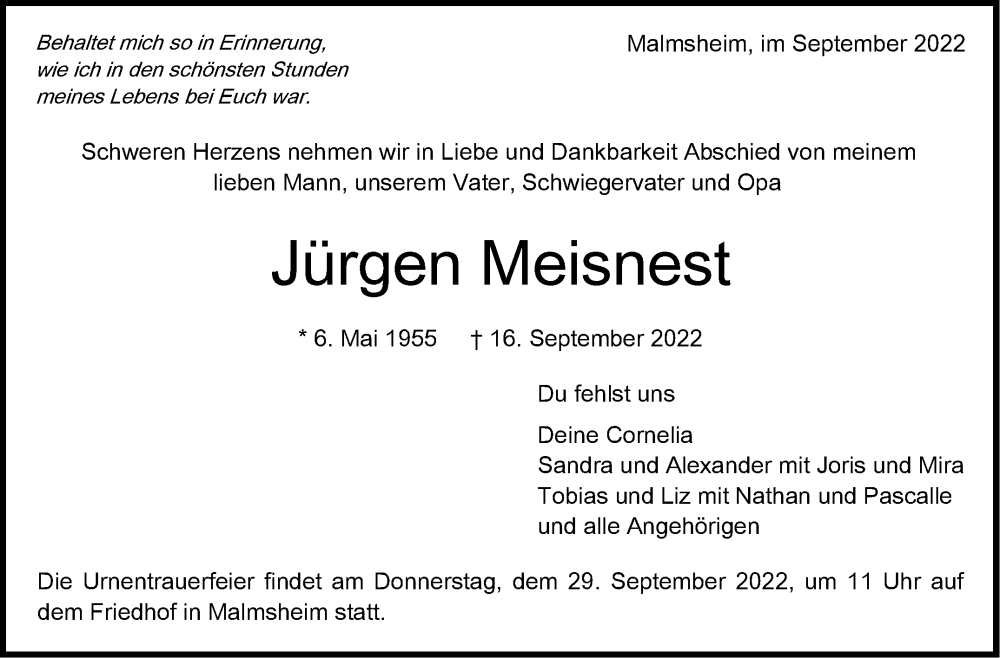  Traueranzeige für Jürgen Meisnest vom 24.09.2022 aus Leonberger Kreiszeitung / Strohgäu Extra
