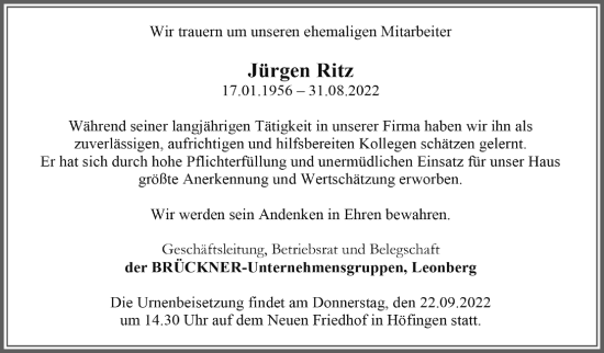 Traueranzeige von Jürgen Ritz von Leonberger Kreiszeitung / Strohgäu Extra