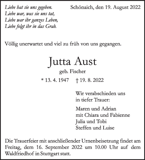 Traueranzeige von Jutta Aust von Leonberger Kreiszeitung / Strohgäu Extra