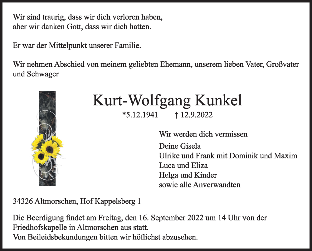  Traueranzeige für Kurt-Wolfgang Kunkel vom 15.09.2022 aus Leonberger Kreiszeitung / Strohgäu Extra