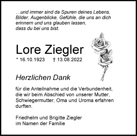 Traueranzeige von Lore Ziegler von Leonberger Kreiszeitung / Strohgäu Extra