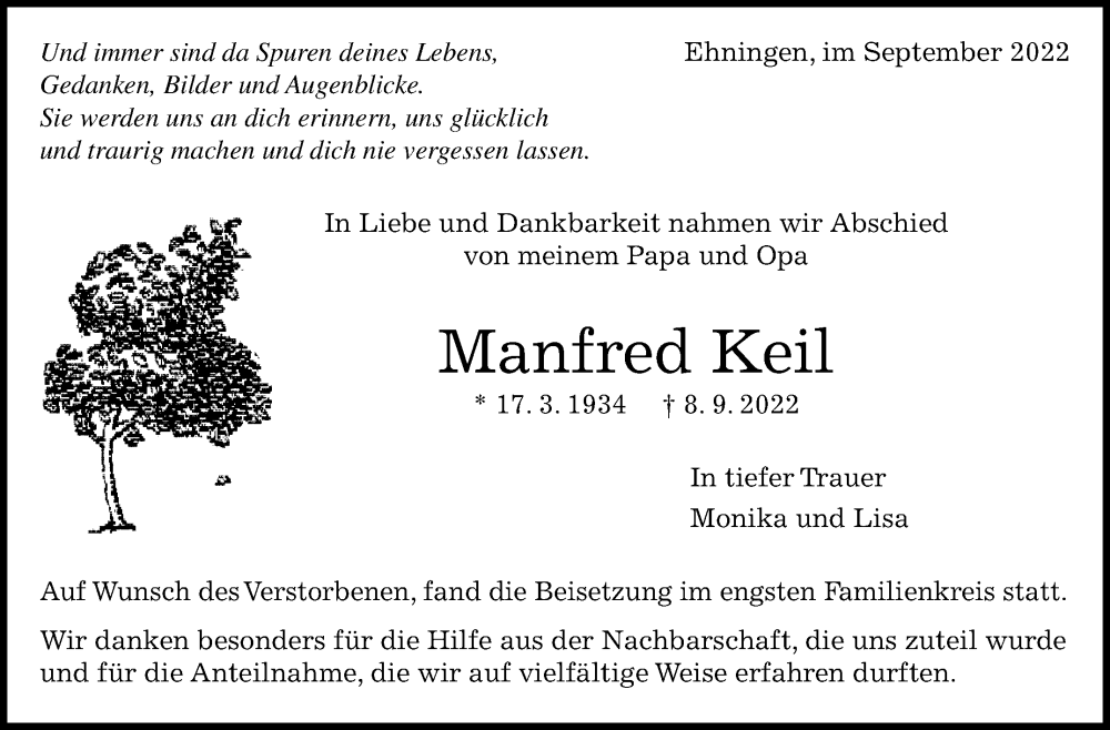  Traueranzeige für Manfred Keil vom 27.09.2022 aus Leonberger Kreiszeitung / Strohgäu Extra