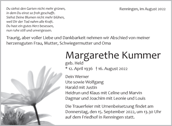 Traueranzeige von Margarethe Kummer von Leonberger Kreiszeitung / Strohgäu Extra