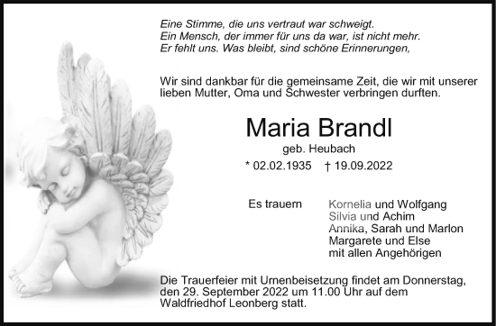 Traueranzeige von Maria Brandl von Leonberger Kreiszeitung / Strohgäu Extra