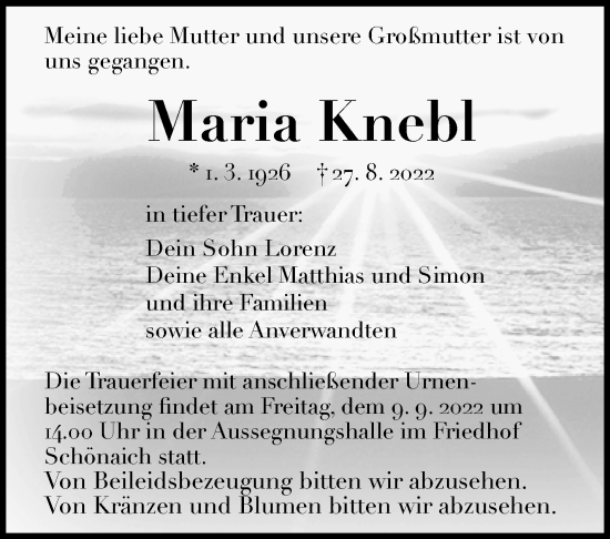 Traueranzeige von Maria Knebl von Leonberger Kreiszeitung / Strohgäu Extra