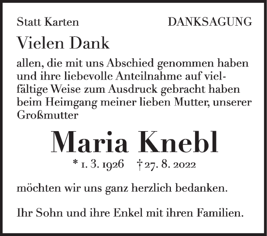 Traueranzeige von Maria Knebl von Leonberger Kreiszeitung / Strohgäu Extra