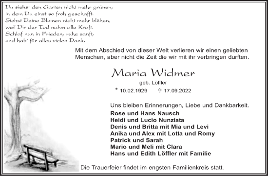 Traueranzeige von Maria Widmer von Leonberger Kreiszeitung / Strohgäu Extra