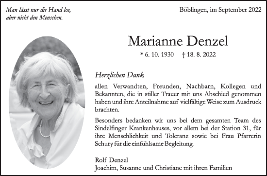 Traueranzeige von Marianne Denzel von Leonberger Kreiszeitung / Strohgäu Extra