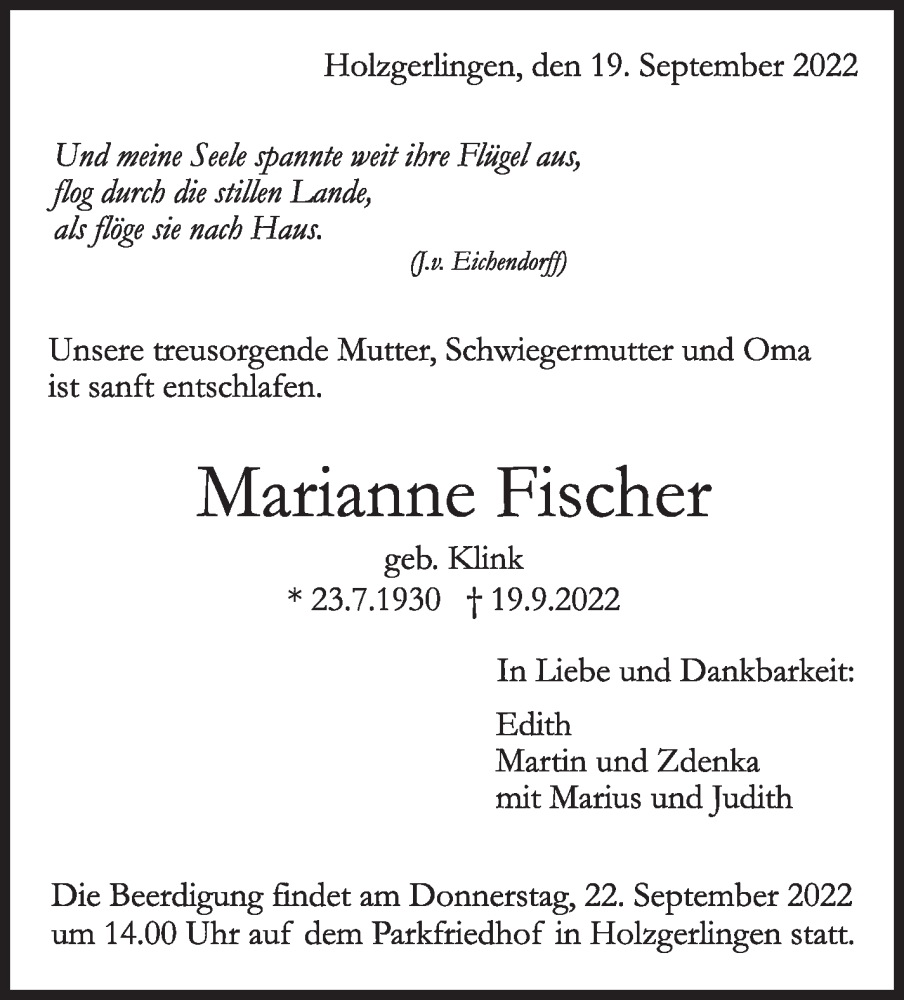  Traueranzeige für Marianne Fischer vom 21.09.2022 aus Leonberger Kreiszeitung / Strohgäu Extra