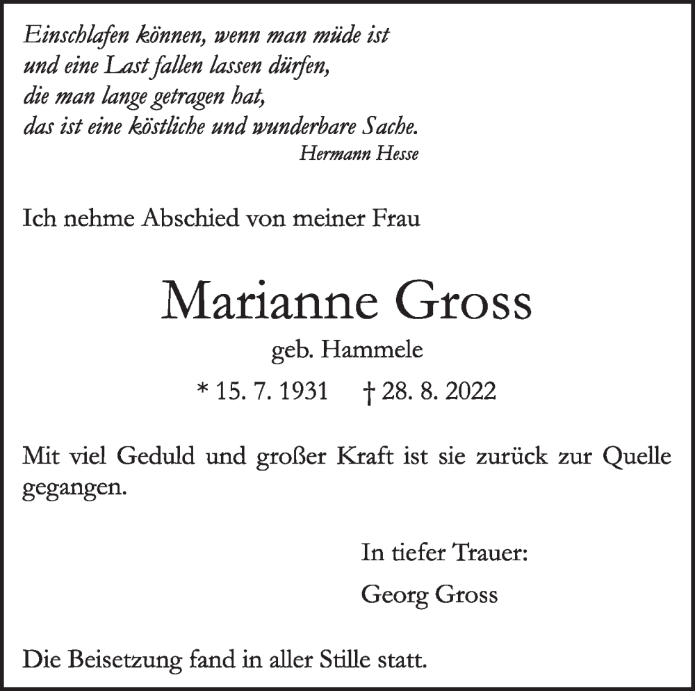  Traueranzeige für Marianne Gross vom 10.09.2022 aus Leonberger Kreiszeitung / Strohgäu Extra