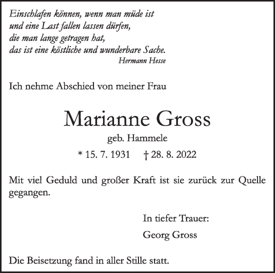 Traueranzeige von Marianne Gross von Leonberger Kreiszeitung / Strohgäu Extra