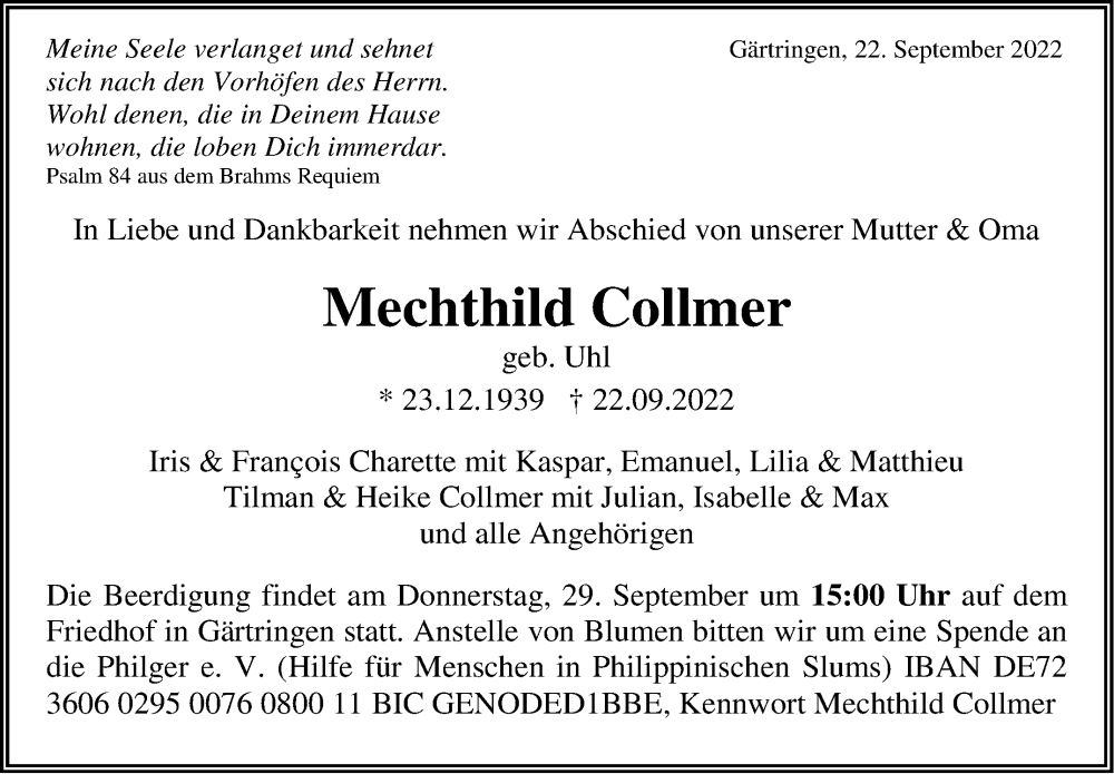  Traueranzeige für Mechthild Collmer vom 27.09.2022 aus Leonberger Kreiszeitung / Strohgäu Extra