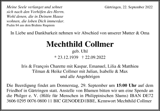 Traueranzeige von Mechthild Collmer von Leonberger Kreiszeitung / Strohgäu Extra