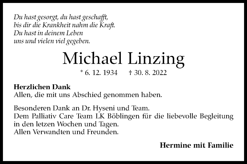  Traueranzeige für Michael Linzing vom 08.09.2022 aus Leonberger Kreiszeitung / Strohgäu Extra