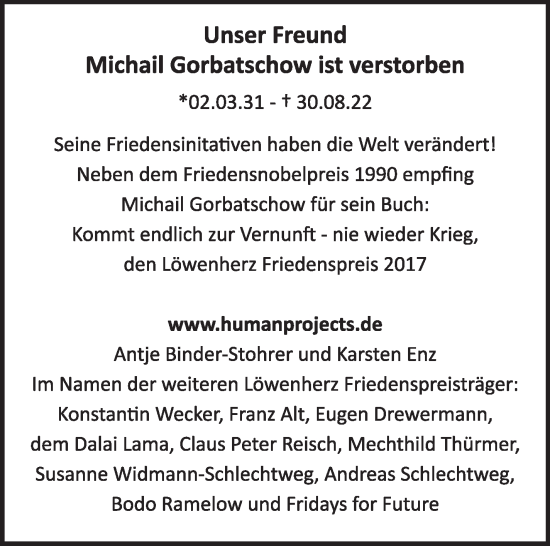 Traueranzeige von Michail Gorbatschow von Leonberger Kreiszeitung / Strohgäu Extra