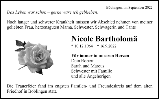 Traueranzeige von Nicole Bartholomä von Leonberger Kreiszeitung / Strohgäu Extra