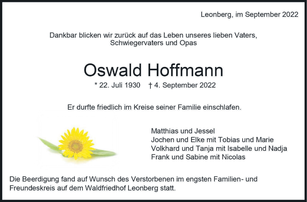  Traueranzeige für Oswald Hoffmann vom 17.09.2022 aus Leonberger Kreiszeitung / Strohgäu Extra