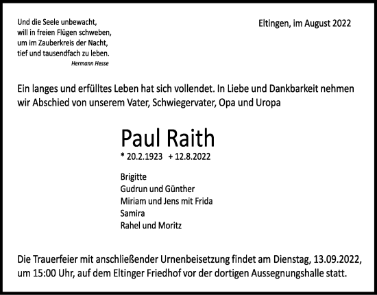 Traueranzeige von Paul Raith von Leonberger Kreiszeitung / Strohgäu Extra
