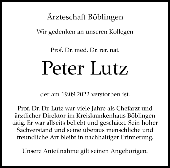 Traueranzeige von Peter Lutz von Leonberger Kreiszeitung / Strohgäu Extra