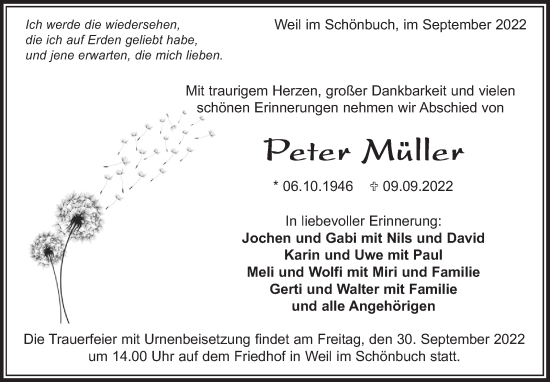 Traueranzeige von Peter Müller von Leonberger Kreiszeitung / Strohgäu Extra